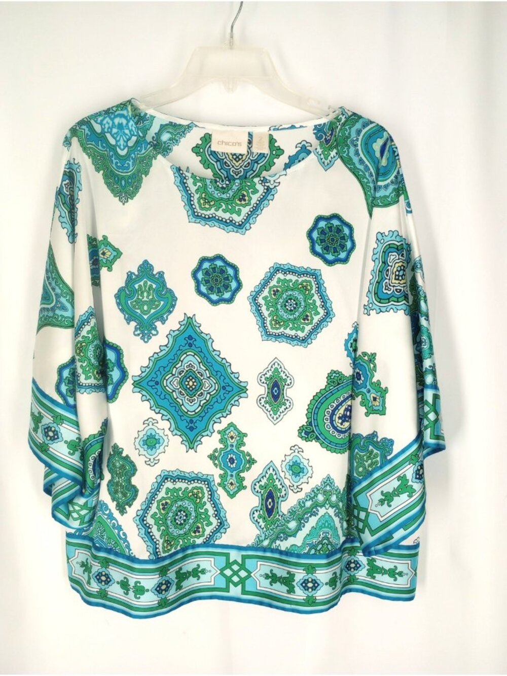 Chicos Silky Kimono Sleeve Top 2 L Geometric Multicolor Blue Green Dressy Casual